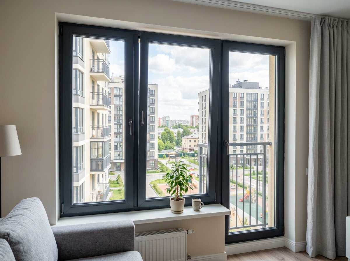 Трёхстворчатые окна Антрацит